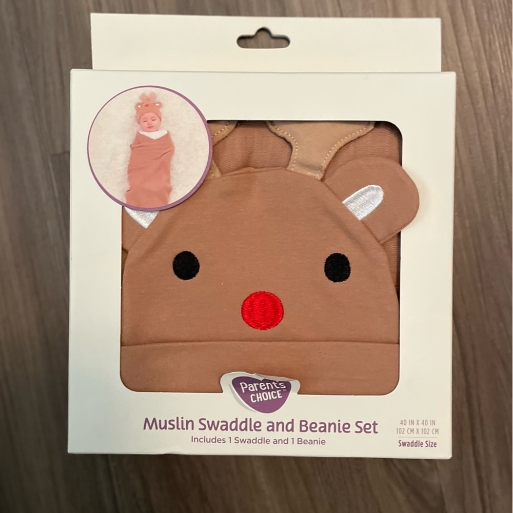 Parents Choice Muslin Swaddle and Beanie Set - Tan and Red reindeer - OS